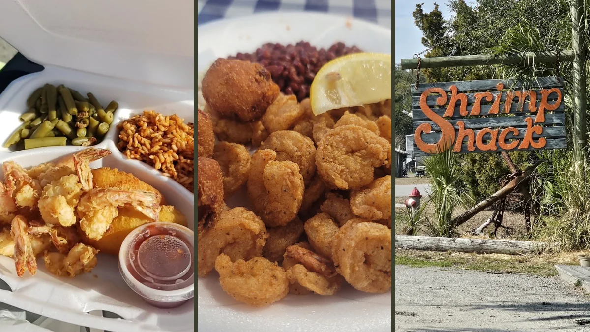 Seafood diners seated on a shaded porch.