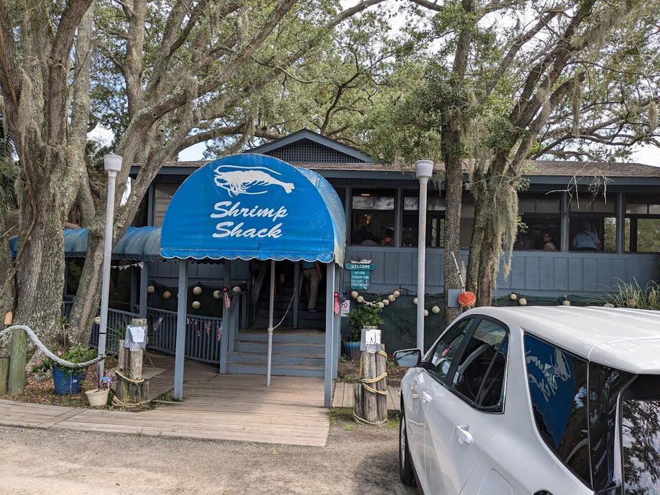 Porch seating at a casual seafood shack.