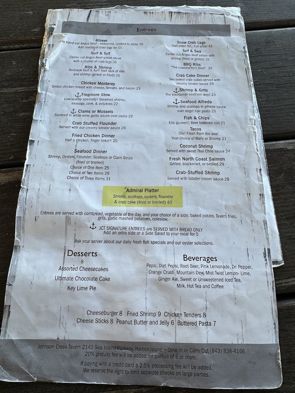 Menu page listing surf and turf dishes.
