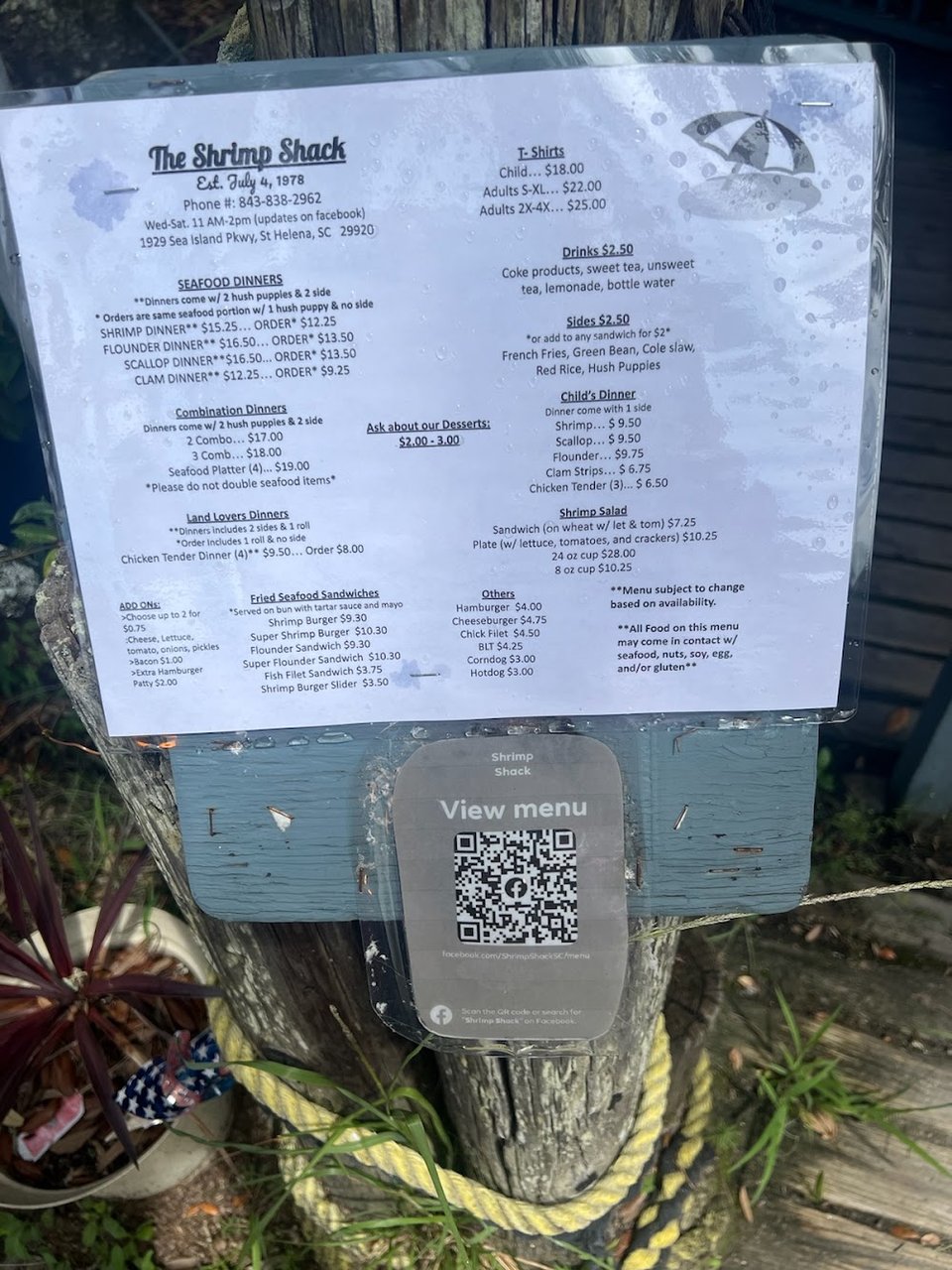 Seafood menu with shrimp, oysters, and flounder.